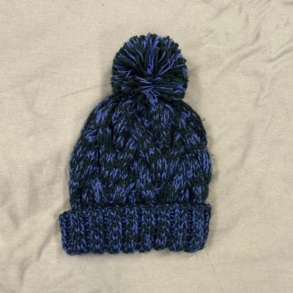 Accessories - Chunky Cable Knit Blue and Black Pom-Pom Hat
